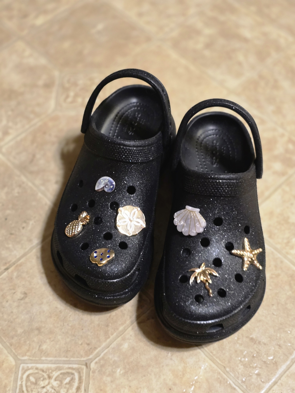 CROCS Black Glitter Clog Sandals with Beach Charm Accents